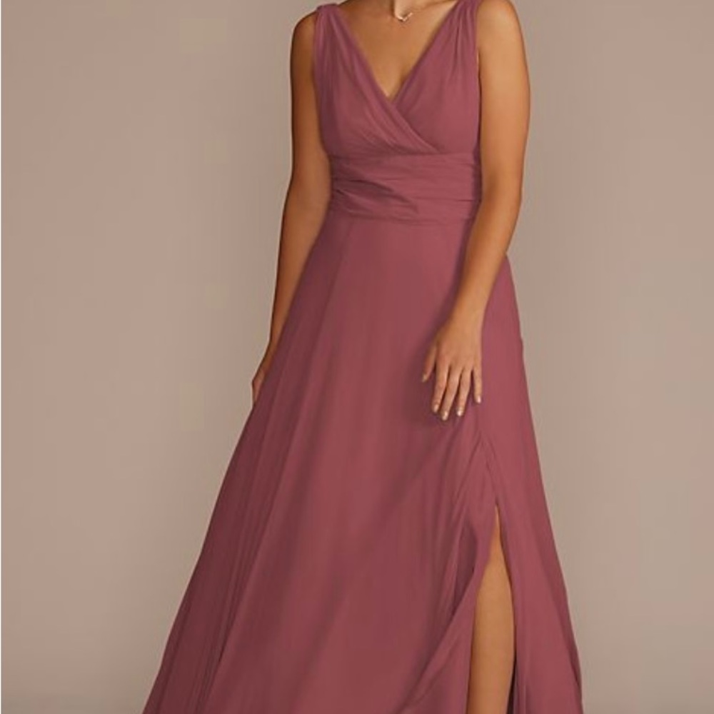 Davids Bridal Cinnamon Long Chiffon Surplice Tank Bridesmaid Dress